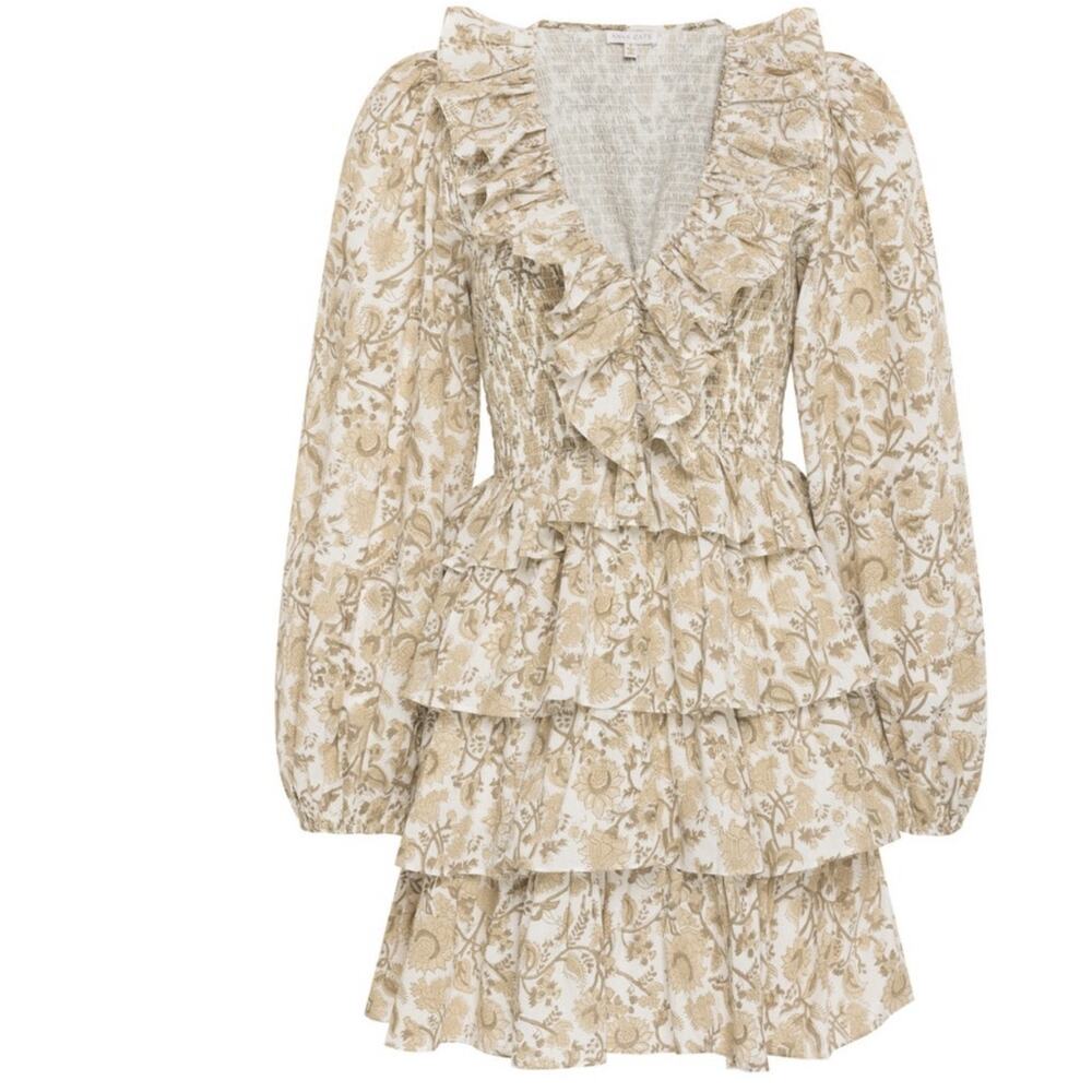 Anna Cate Mia Dress Ruffle Long‎ Sleeve Tiered Smocked Neutral Floral Medium
